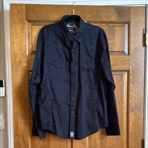 Rock 47 Black Western Style Button-Up Shirt. Tan embroidery on back.